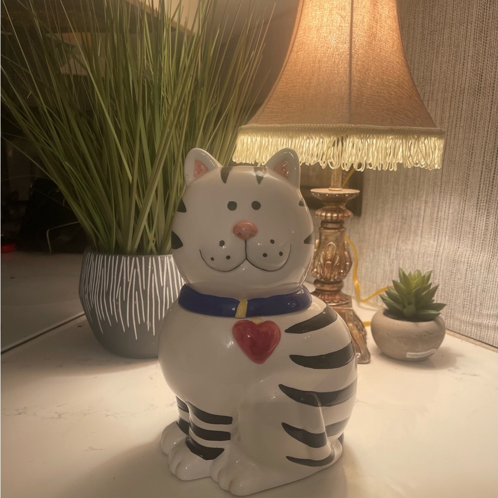 Ceramic Striped Cat Cookie Jar or Cat Treat Jar.  10” tall X 6” X 6”
